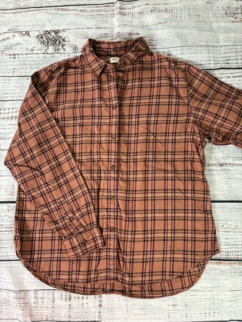 Uniqlo Flannel Shirt Women’s Medium Brown Plaid Long Sleeve Casual